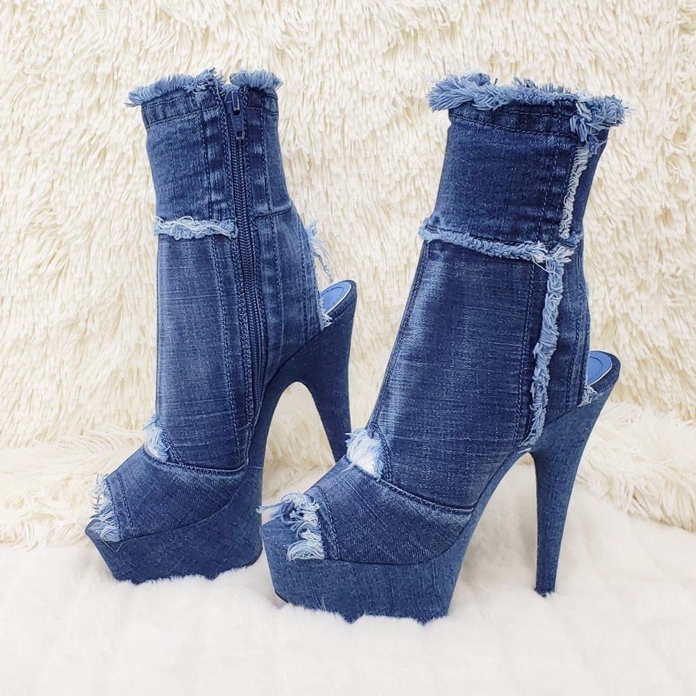 Stretch Denim Frayed Trim Ankle Boots 6